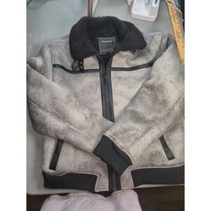Reason Mens Distressed Grey Faux Suede Sherpa Lined Aviator Bomber Jacket Large